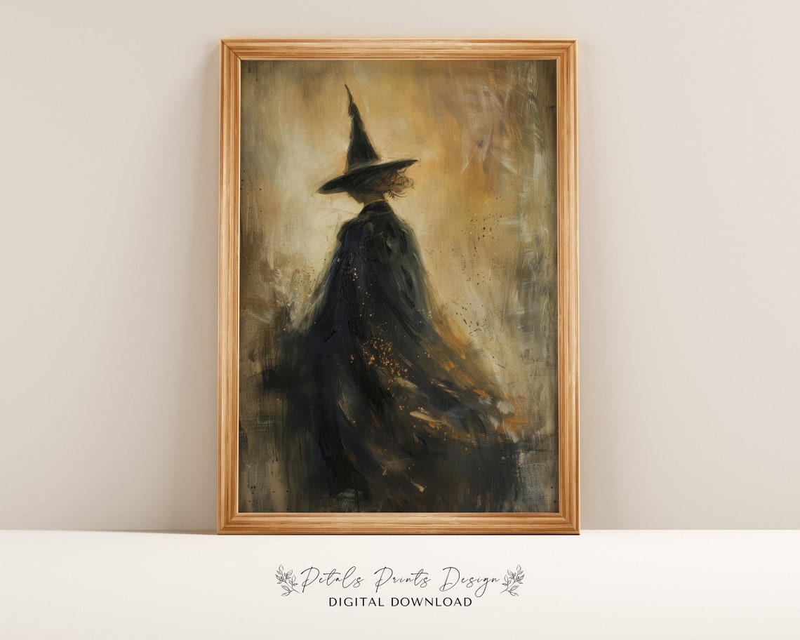 Mysterious Witch Silhouette Pointed Hat Vintage Halloween Art Print