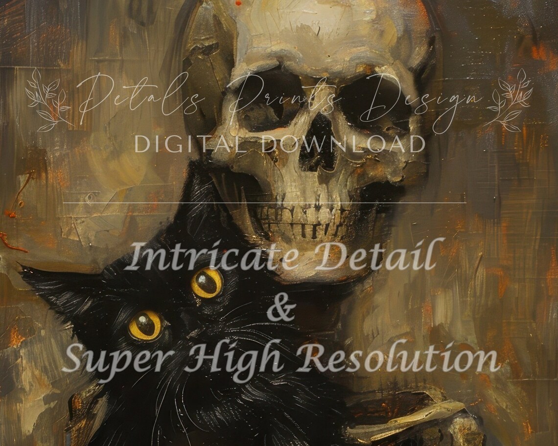 Skeleton Hugging Black Cat Spooky Cute Halloween Oil Painting Poster - Image 2