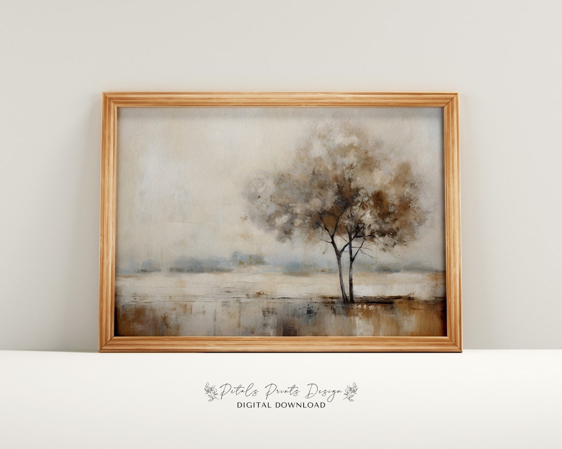 Lone Tree Misty Field Vintage Countryside Neutral Farmhouse Wall Art