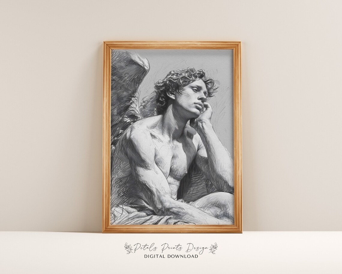 Pensive Angel Pencil Sketch Winged Figure Greyscale Drawing Poster