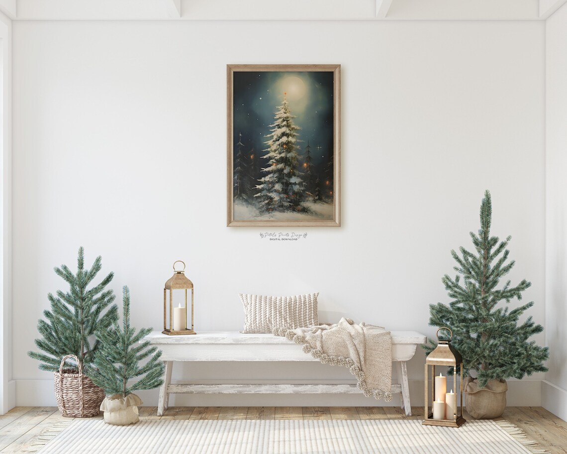 Snowy Christmas Tree Moonlight Star Night Vintage Holiday Poster - Image 2