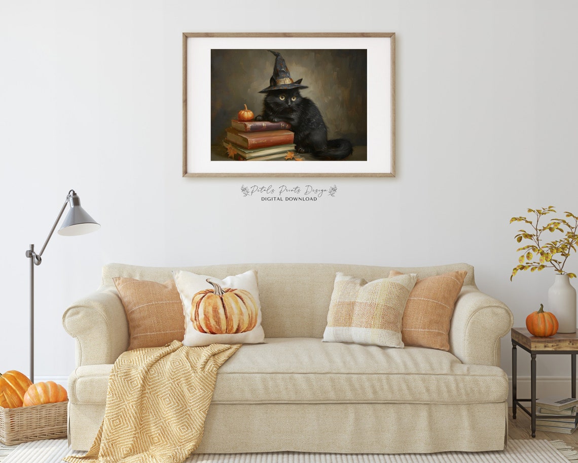 Fluffy Black Cat With Witch Hat And Pumpkin Fall Painting Poster - Image 2