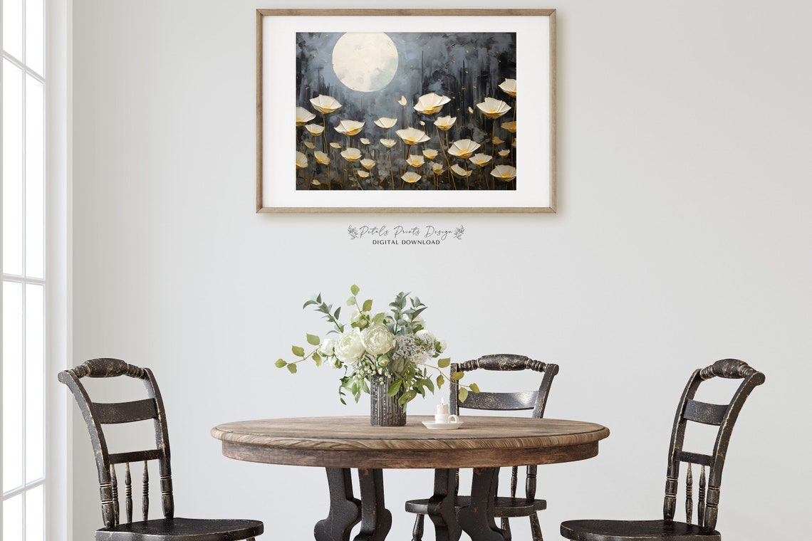 White Poppies Under a Full Moon Dark Night Floral Scene Poster - Image 2