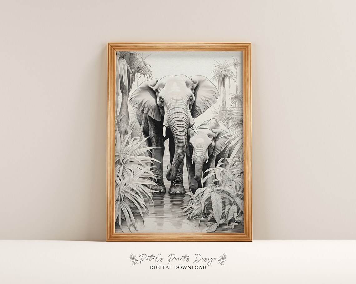Elephant Mother and Calf Black White Jungle Sketch Wildlife Poster