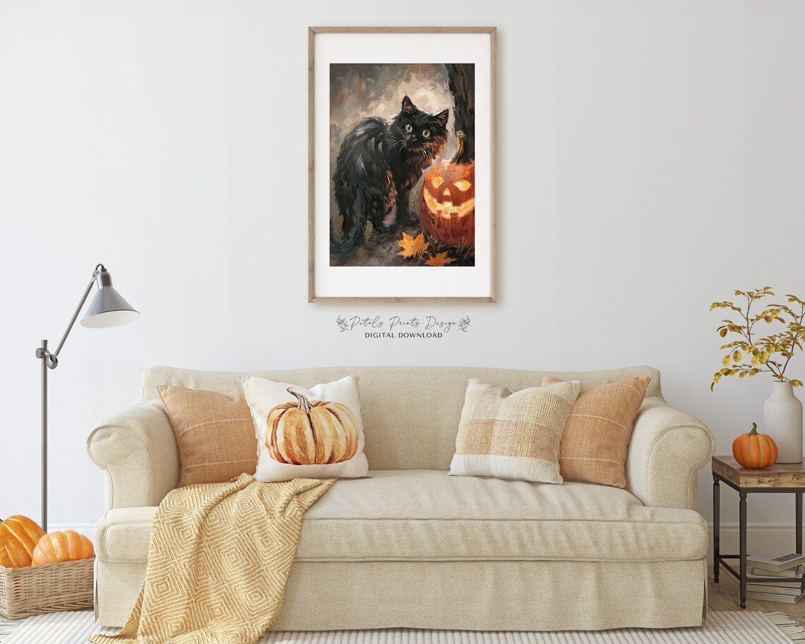 Fluffy Black Cat With Glowing Jack O Lantern Fall Night Poster - Image 2