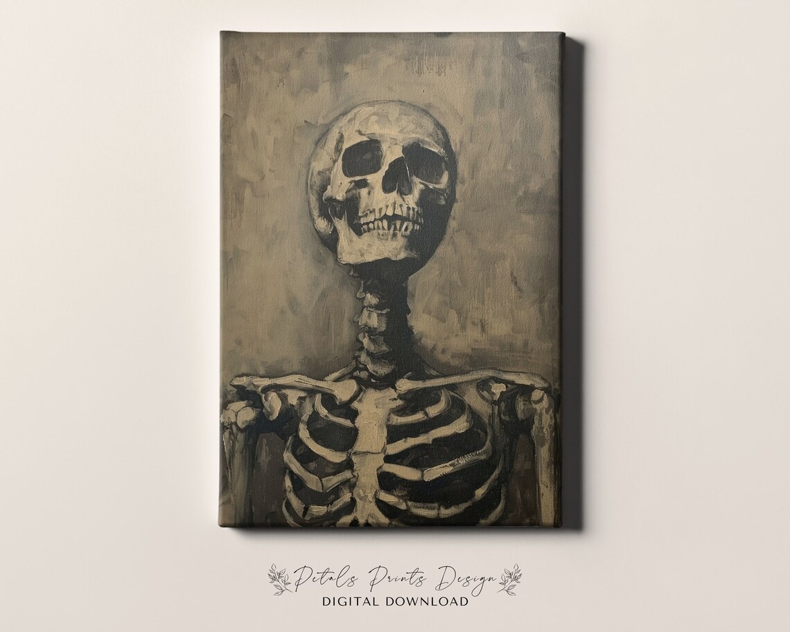 Dark Moody Skeleton Portrait Charcoal Style Halloween Art Poster - Image 4