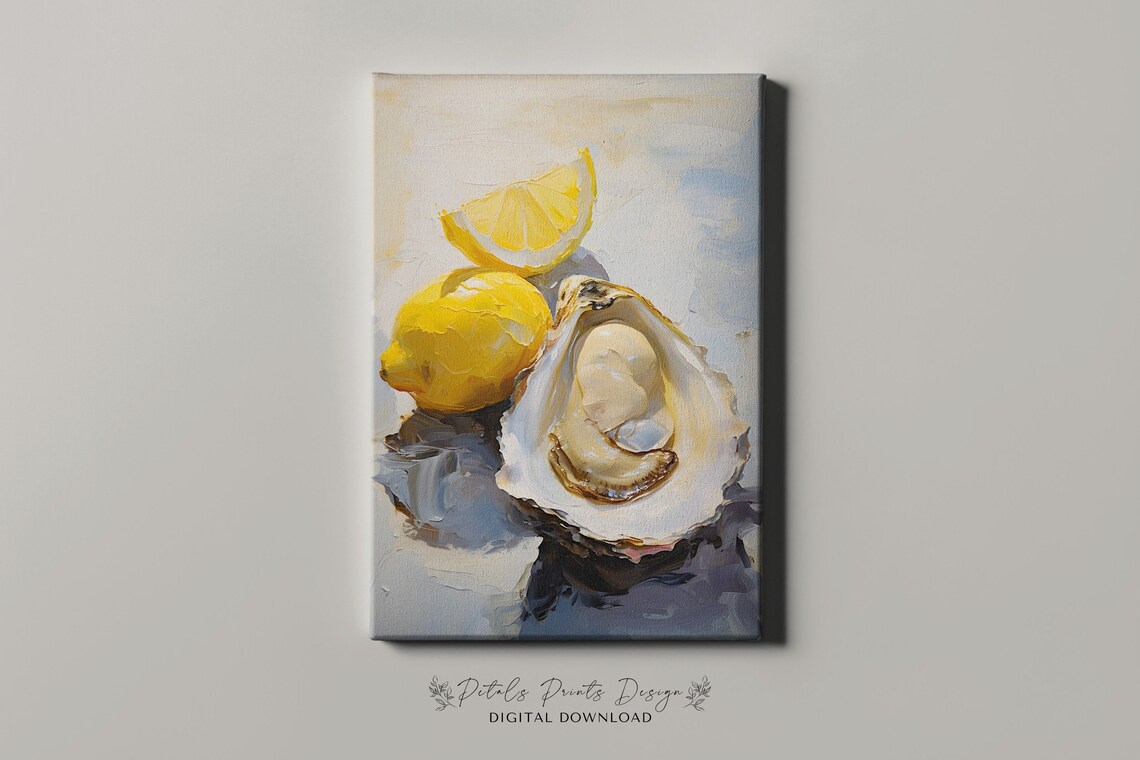 Oyster and Lemon Still Life Coastal Kitchen Oil Painting Poster - Image 4