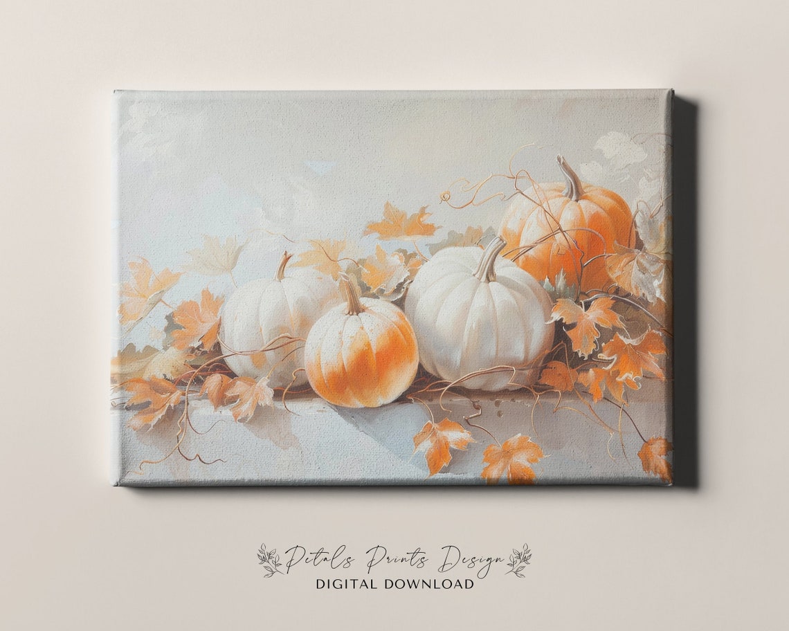 White Orange Pumpkins Vines Autumn Leaves Airy Fall Art Print - Image 2