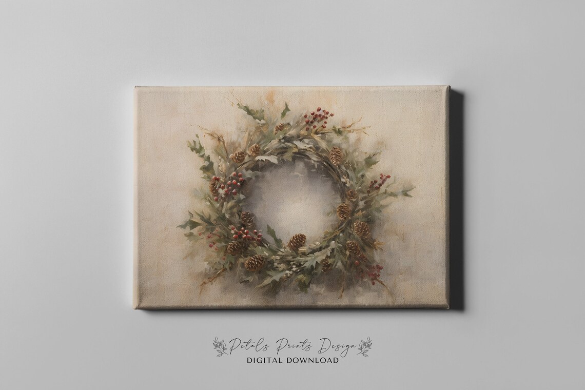 Christmas Wreath Still Life Painting, Vintage Holiday Art - Image 3
