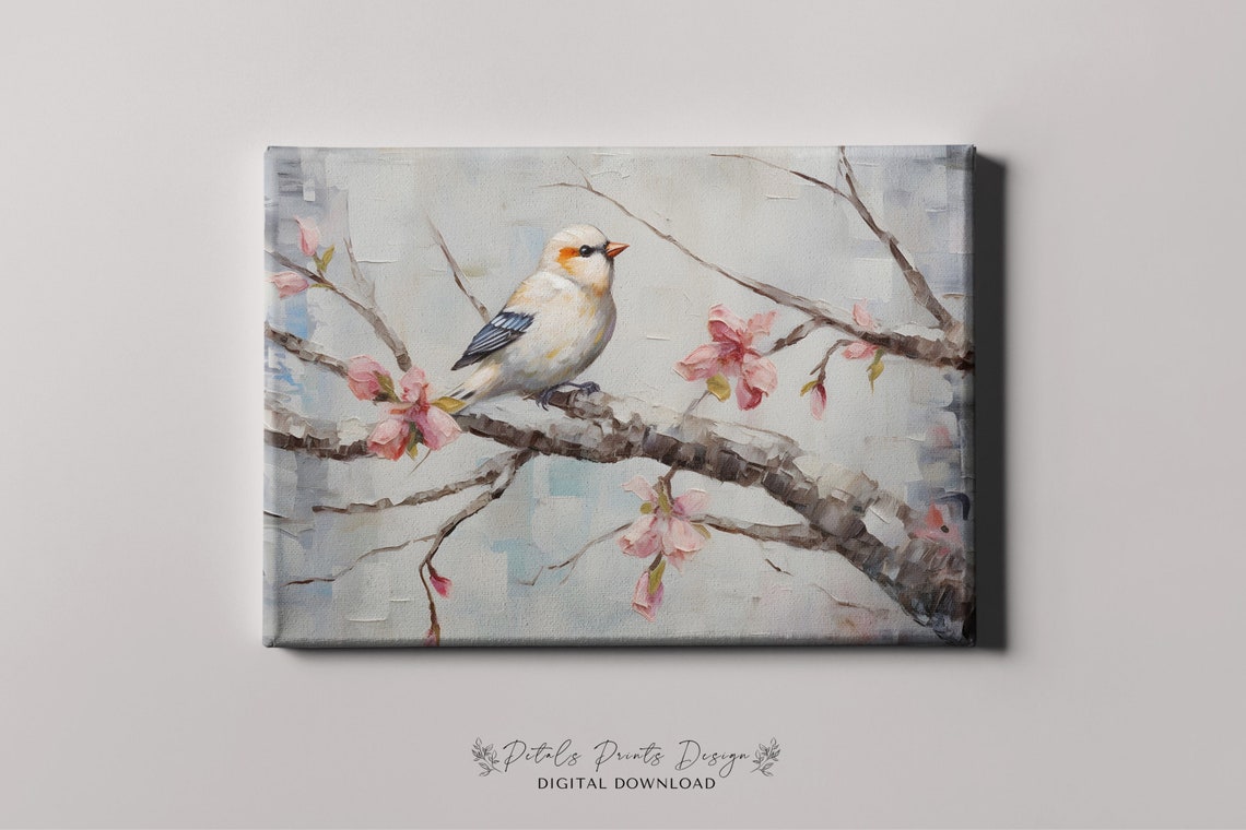 White Bird on Pink Cherry Blossom Branch Soft Blue Art Poster - Image 4