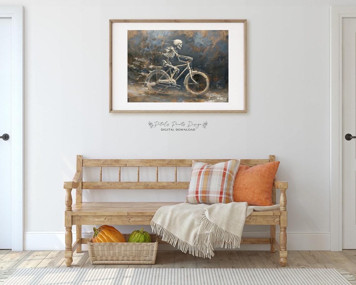 Skeleton Riding Vintage Bicycle Funny Halloween Painting Poster - Image 3
