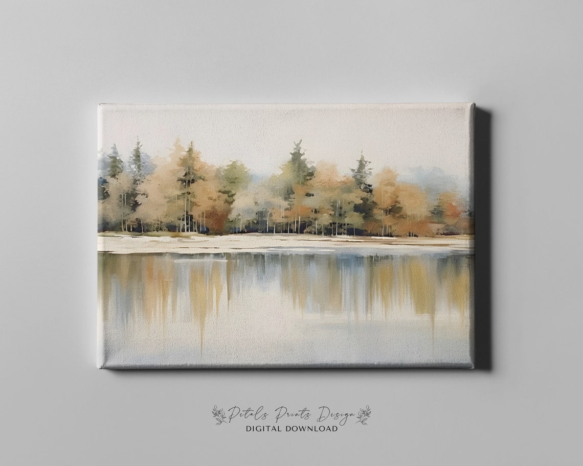Golden Autumn Treeline Lake Reflection Warm Fall Watercolor Poster - Image 4