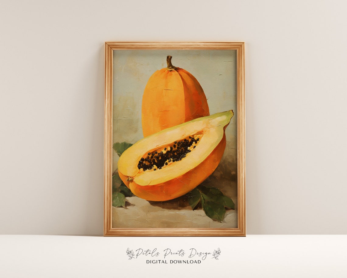Whole Papaya Sliced Fruit Still Life Painting Tropical Kitchen Poster