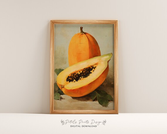 Whole Papaya Sliced Fruit Still Life Painting Tropical Kitchen Poster