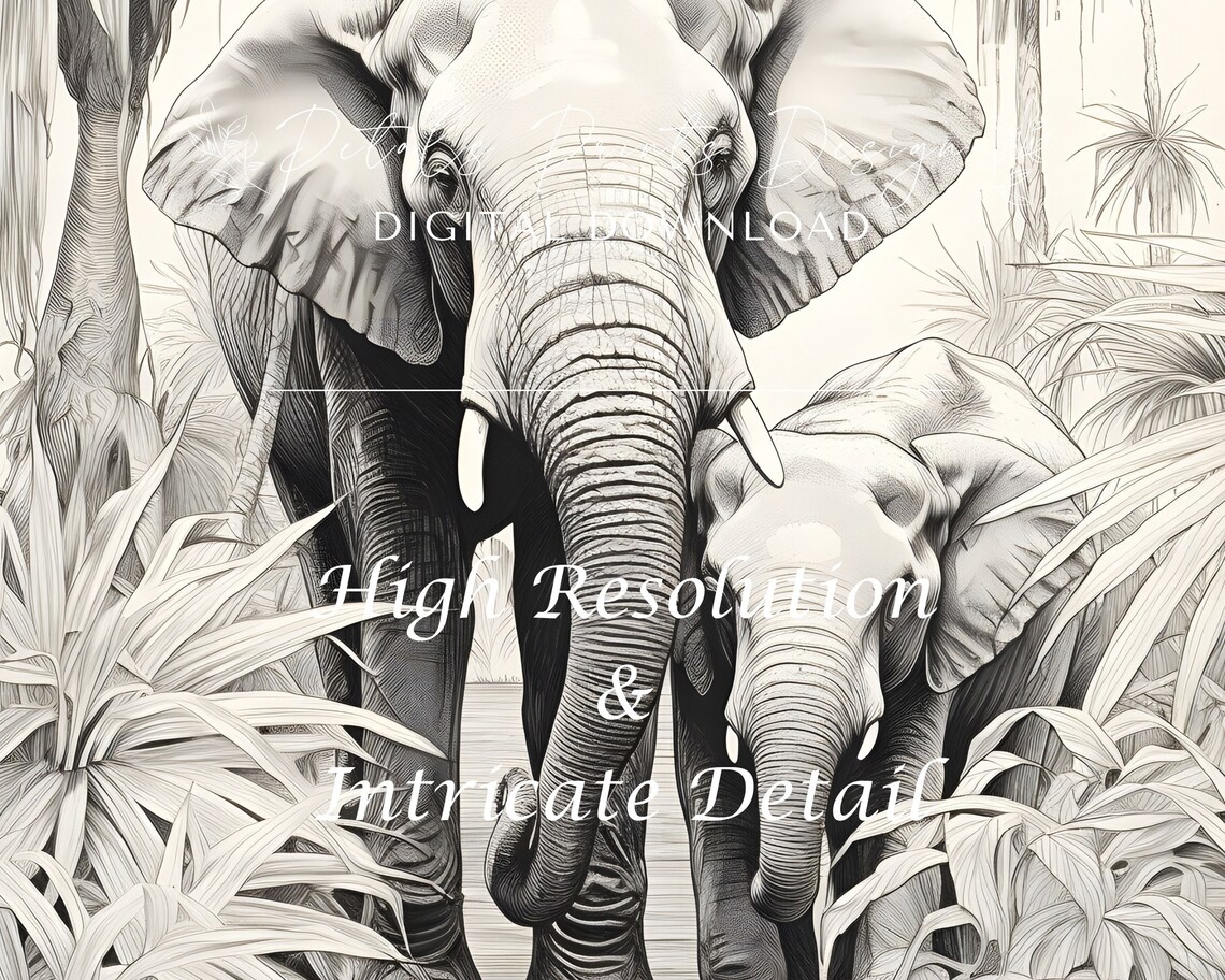 Elephant Mother and Calf Black White Jungle Sketch Wildlife Poster - Image 3