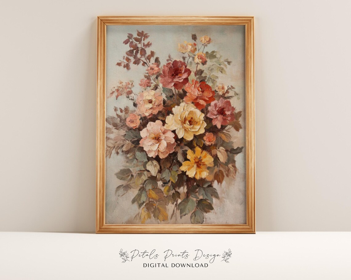 Vintage Rose Bouquet Floral Oil Painting Warm Autumn Tones Poster