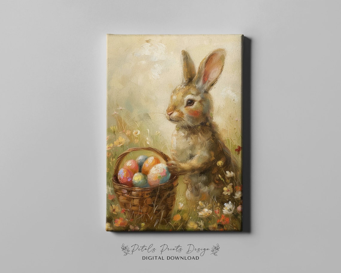 Bunny with Large Easter Egg Basket Wildflower Meadow Vintage Poster - Image 4