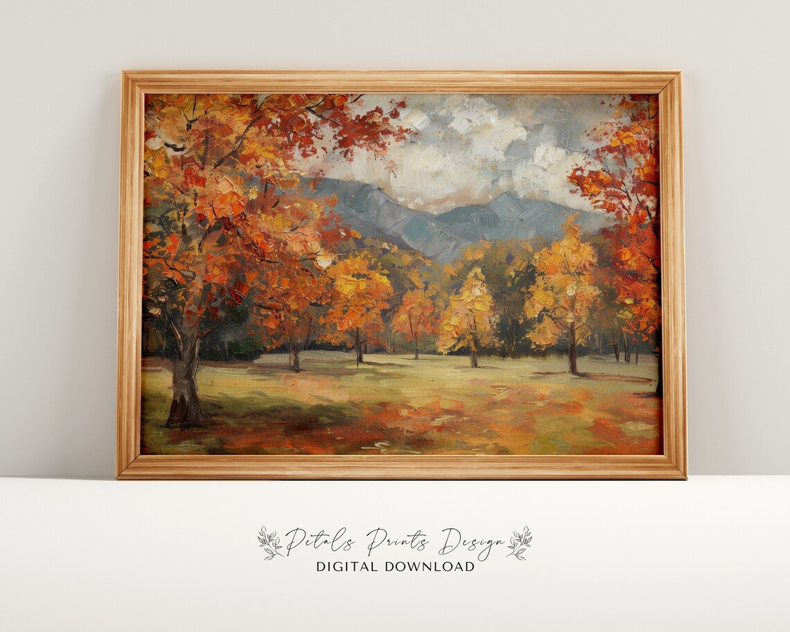 Moody Autumn Forest Mountains Oil Painting Vintage Fall Art Print