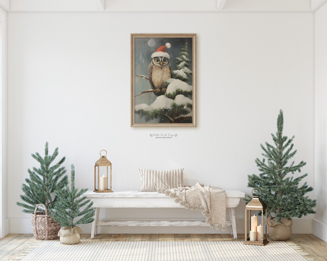 Rustic Christmas Owl Vintage Holiday Art Print - Image 2