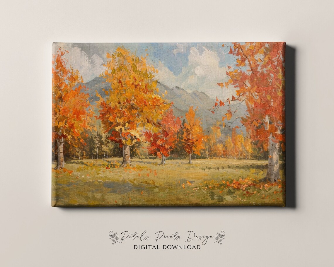 Golden Autumn Meadow Trees Mountain View Oil Painting Fall Art Print - Image 4