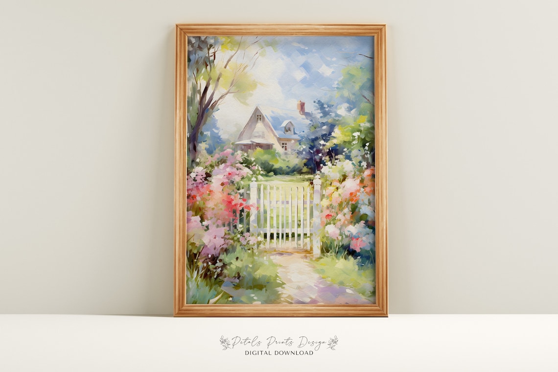 Country Cottage with Picket Fence Blooming Flower Garden Poster