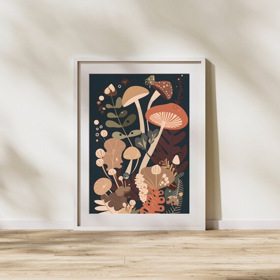 Rustic Mushroom Botanical Art Print, Folk Style