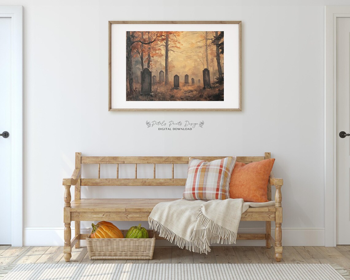 Misty Autumn Graveyard Tombstones Foggy Fall Forest Wall Art - Image 3