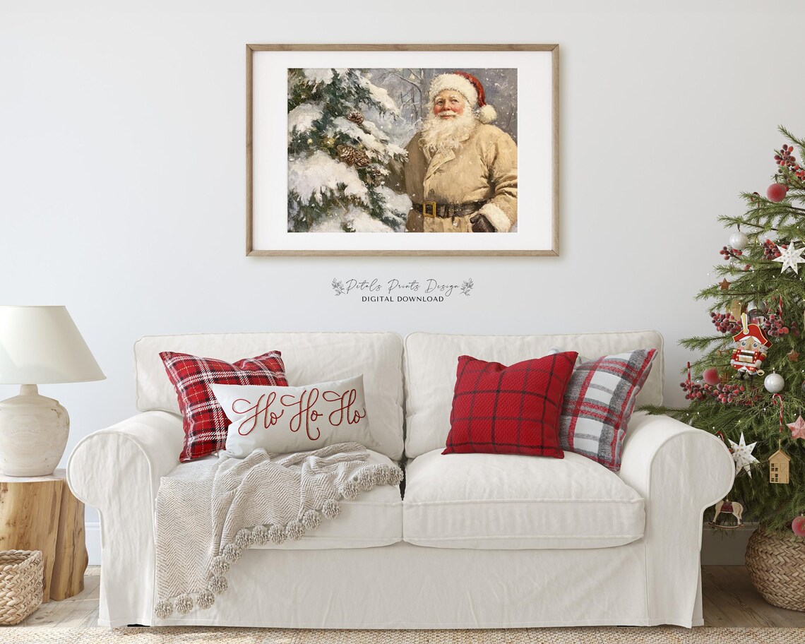 Santa Claus in Neutral Coat by Snowy Pine Rustic Vintage Art Poster - Image 2