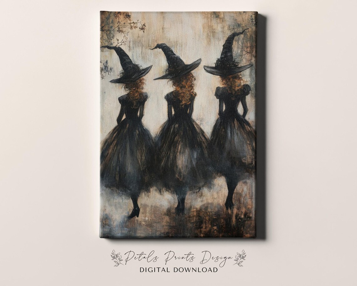 Three Witches from Behind in Black Gowns Vintage Halloween Art Poster - Image 4