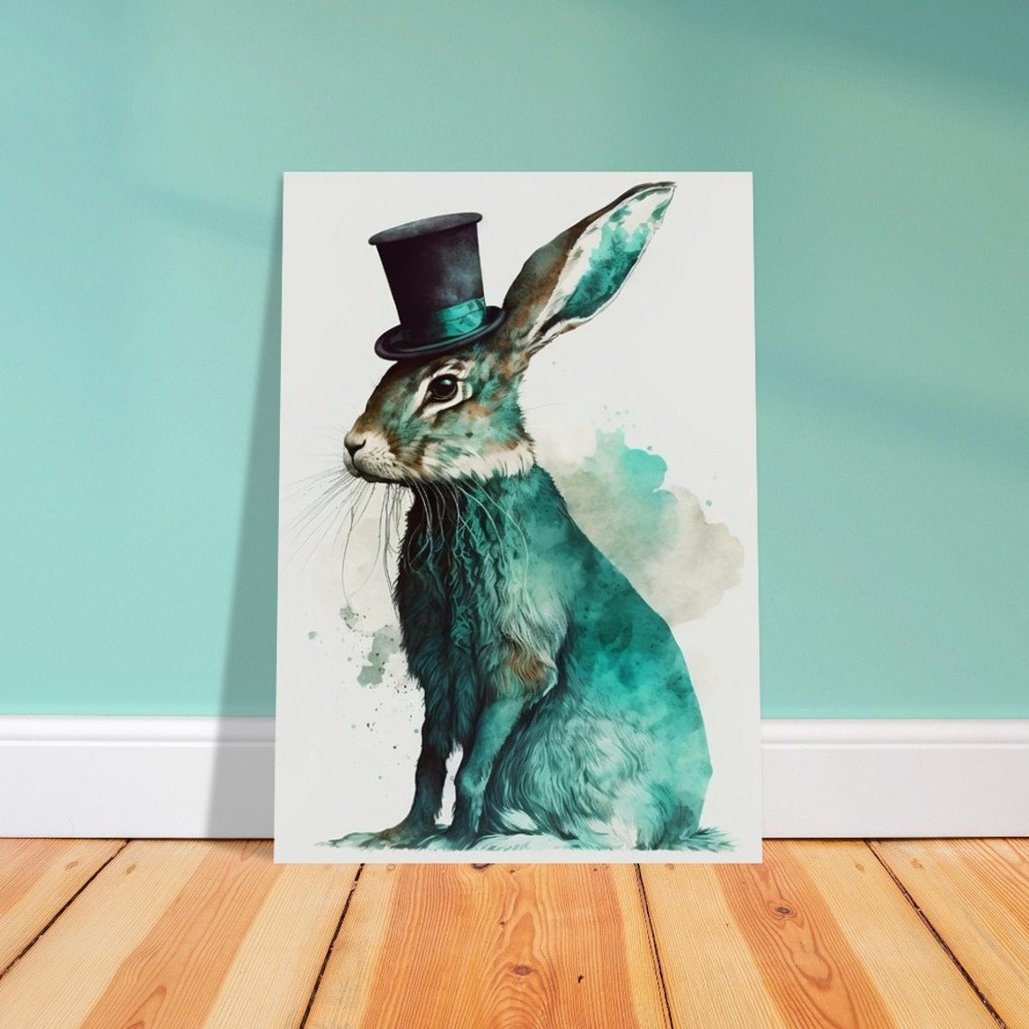 Quirky Hare Wearing Top Hat Teal Watercolour Whimsical Art Poster