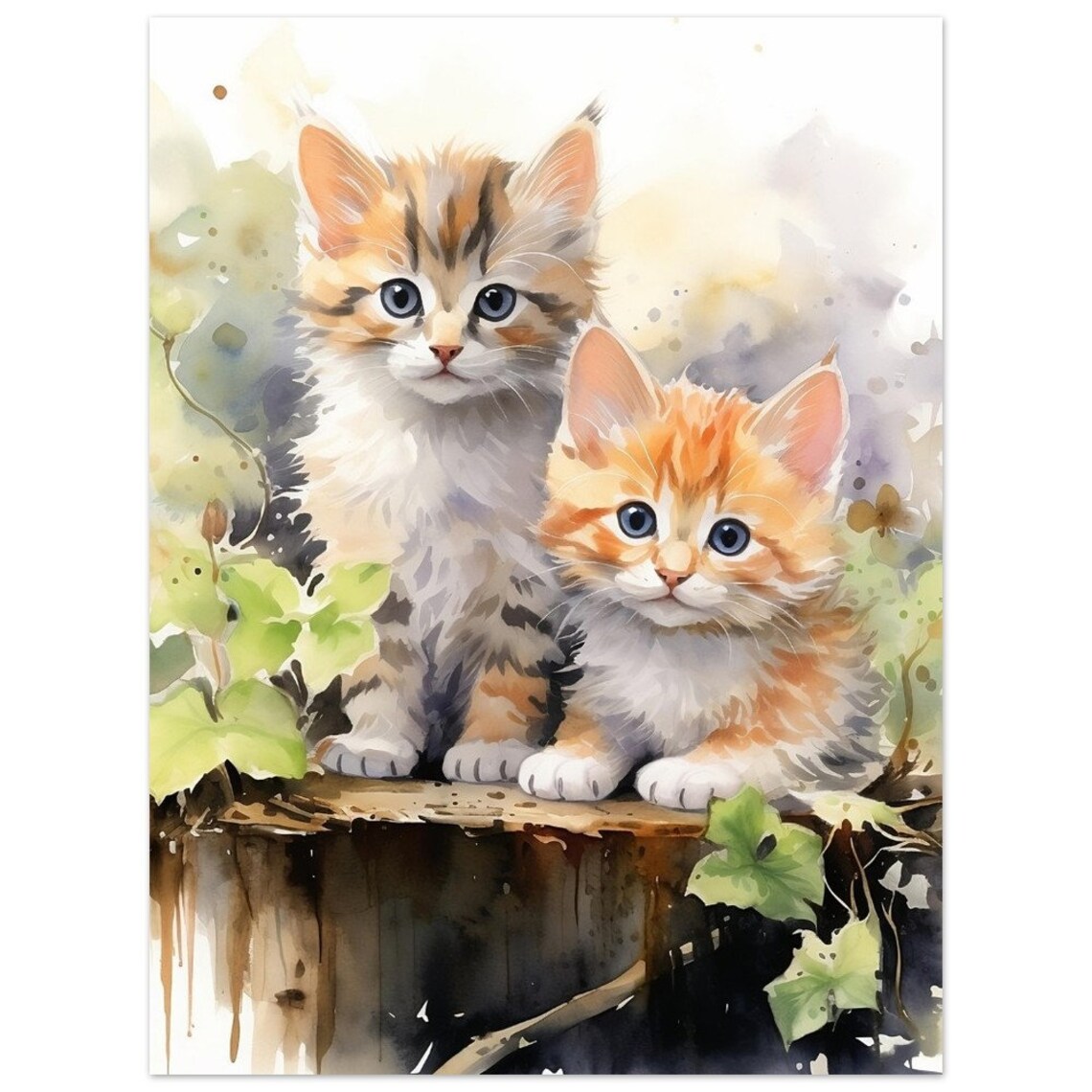 Two Cute Kittens Sitting On Log Watercolour Cat Portrait Poster - Image 4