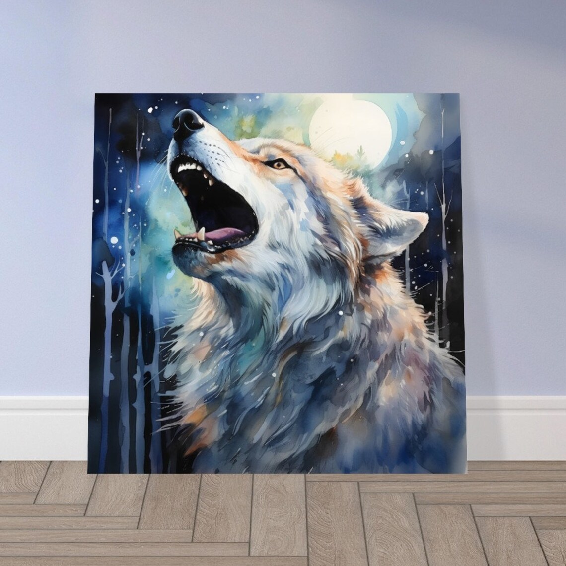 Howling Wolf Watercolour Painting Moonlit Night Forest Art Poster - Image 2