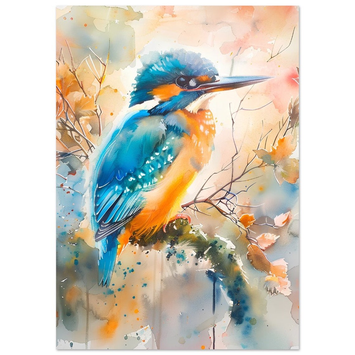 Colourful Kingfisher Autumn Branch Watercolour Warm Bird Art Poster - Image 2
