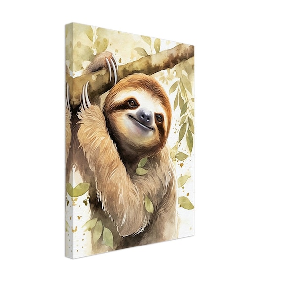 Smiling Sloth Hanging Branch Watercolour Cute Animal Art Poster