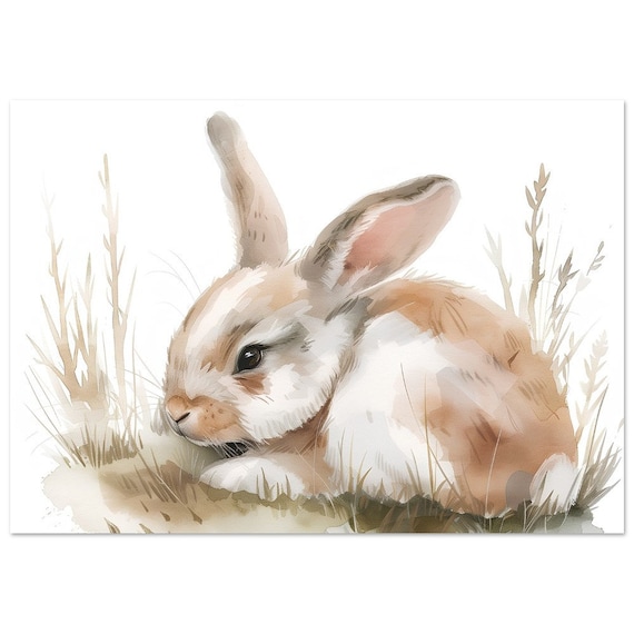 Tender Bunny Resting in Grass Watercolour Cute Spring Animal Poster