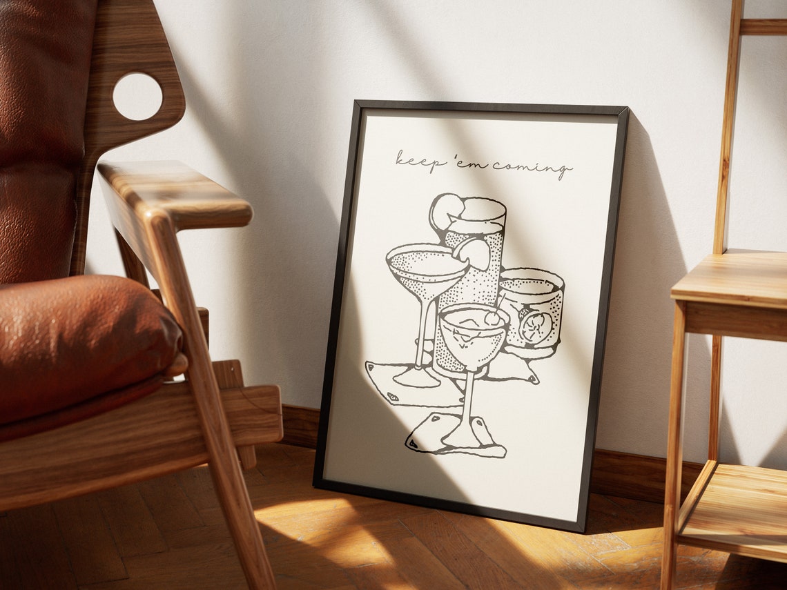 Keep Em Coming Cocktail Line Art Bar Cart Martini Decor Wall Art - Image 2