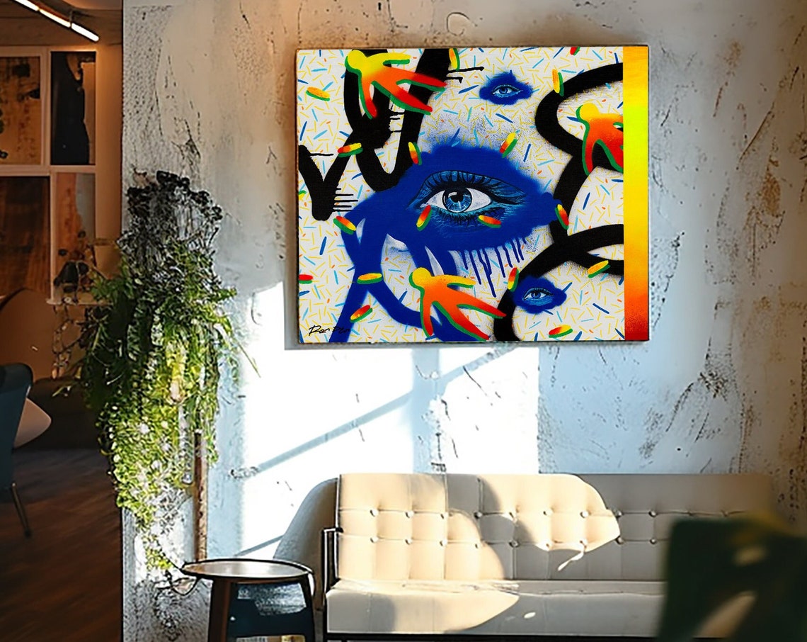 Big Blue Eye Pop Art with Colorful Figures and Confetti Art Poster