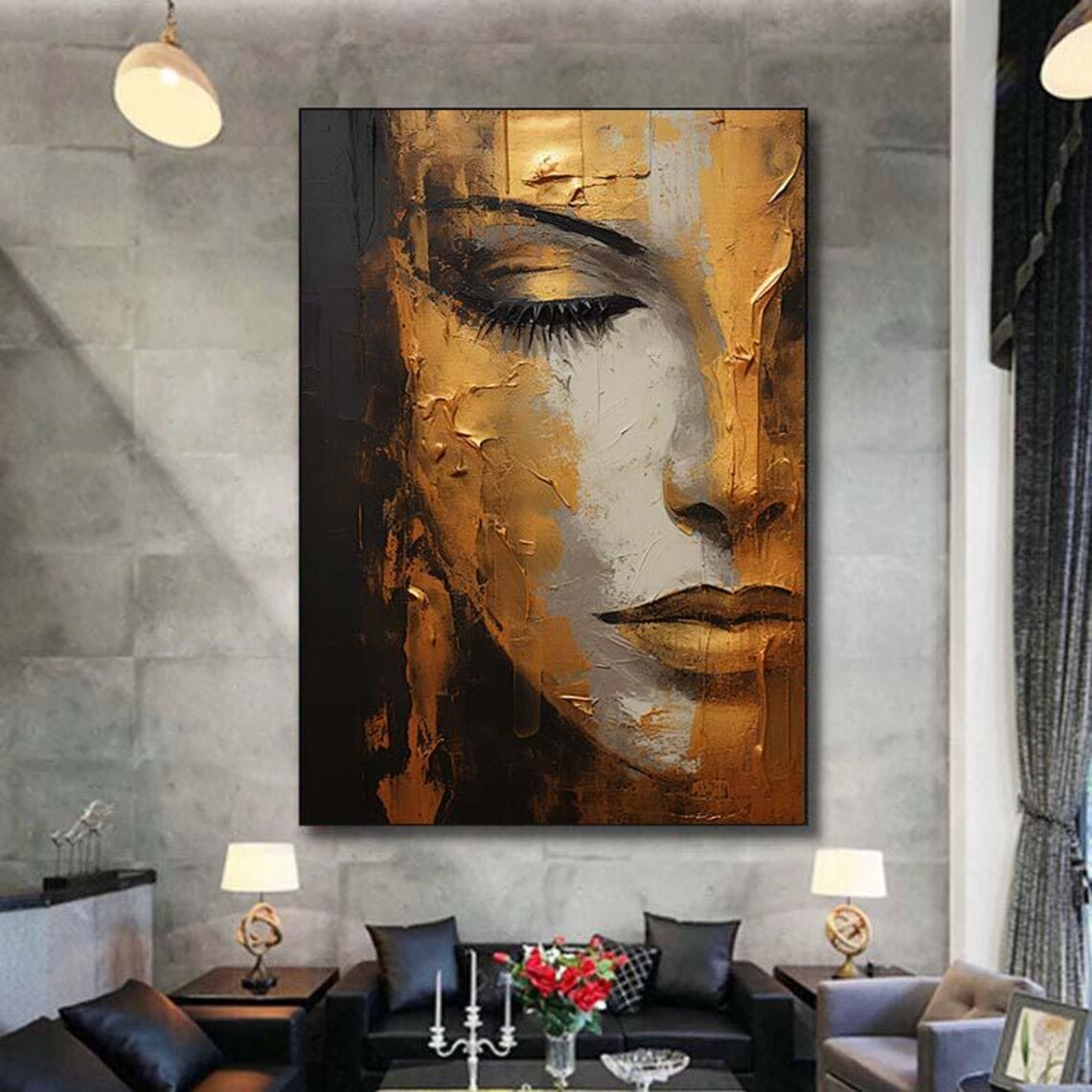 Abstract Gold Textured Portrait, Handmade Oil Painting - Image 6