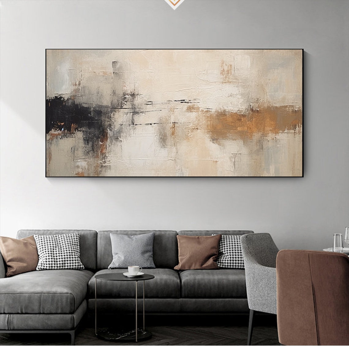Beige Black Copper Textured Abstract Horizon Wide Living Room Poster - Image 7