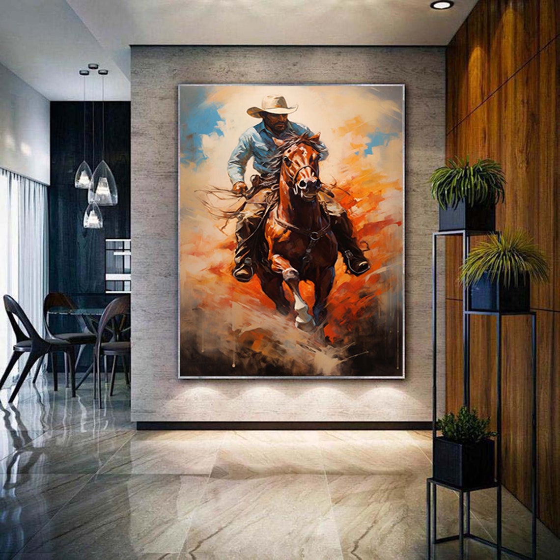 Cowboy Riding Horse Painting Western Wall Art Mid Century Wall Decor Western Cowboy Painting Vintage Oil Painting Rustic Wall Art Cowboy Art - Image 2
