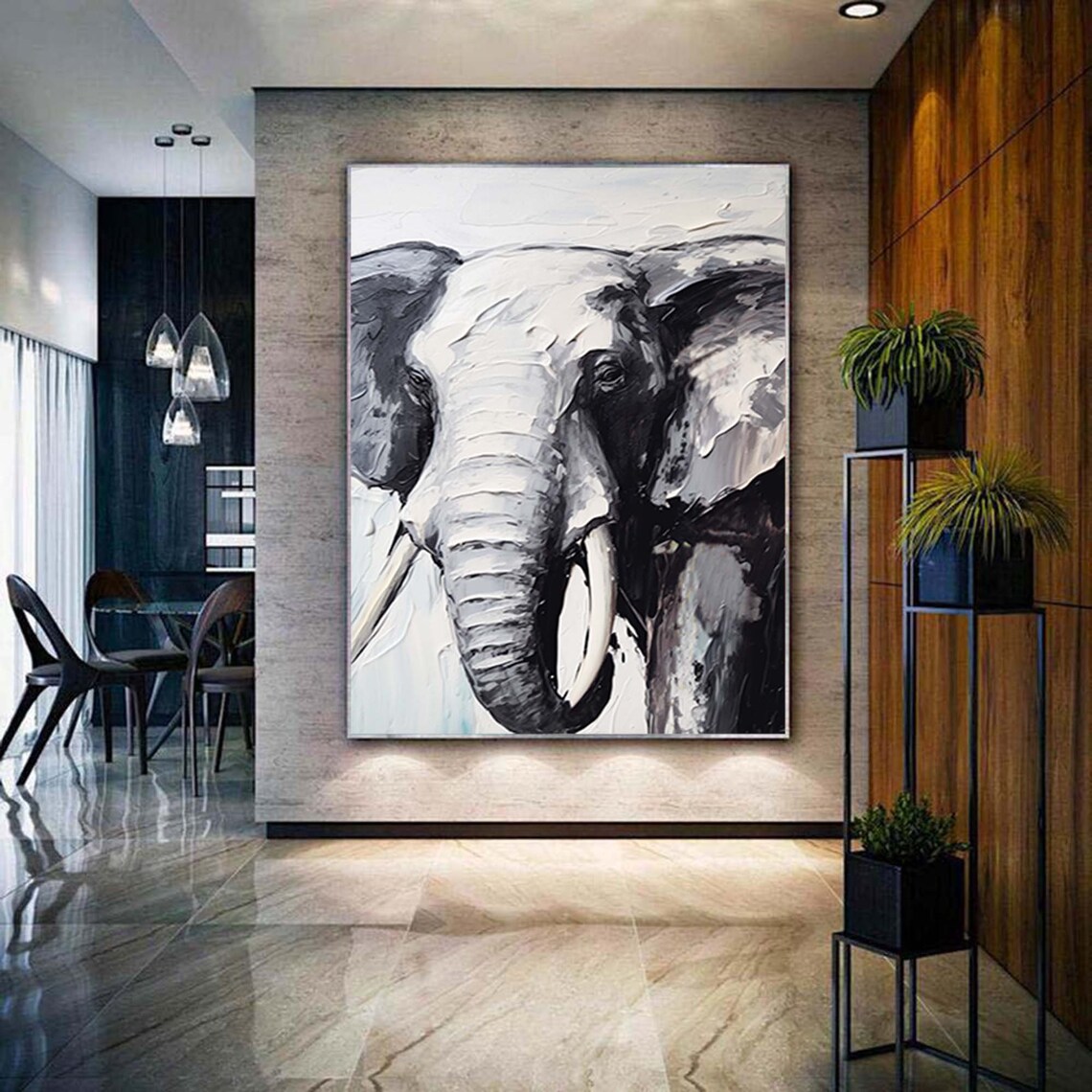 Black And White Elephant Portrait Impasto Animal Oil Painting Poster - Image 3
