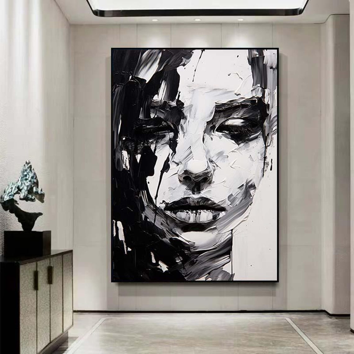 Large Black And White Painting Original Woman Painting On Black And White Female Portrait Black And White Art Oil Paintings On - Image 2