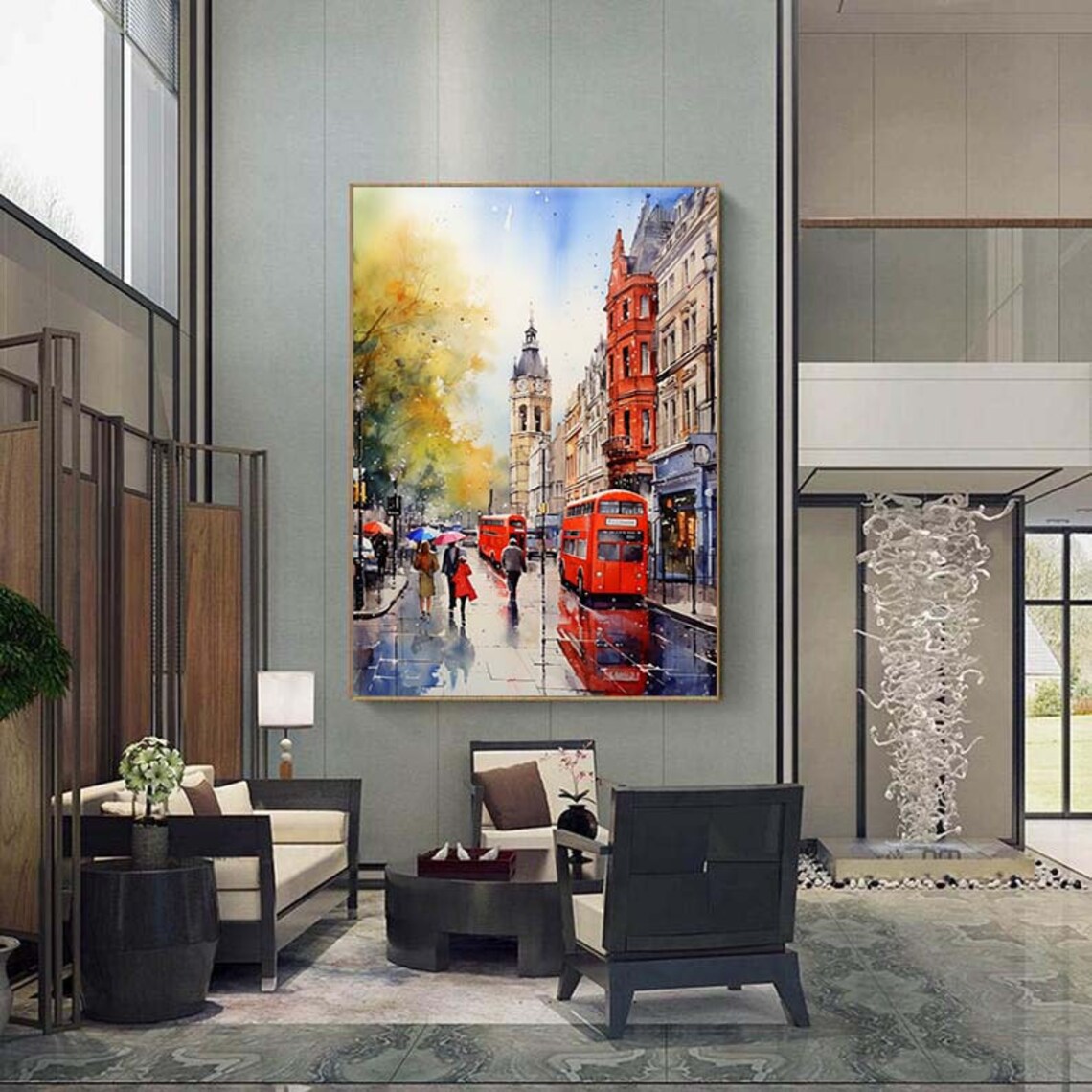 London Rainy Street Red Double Decker Bus Watercolor Painting Poster - Image 5