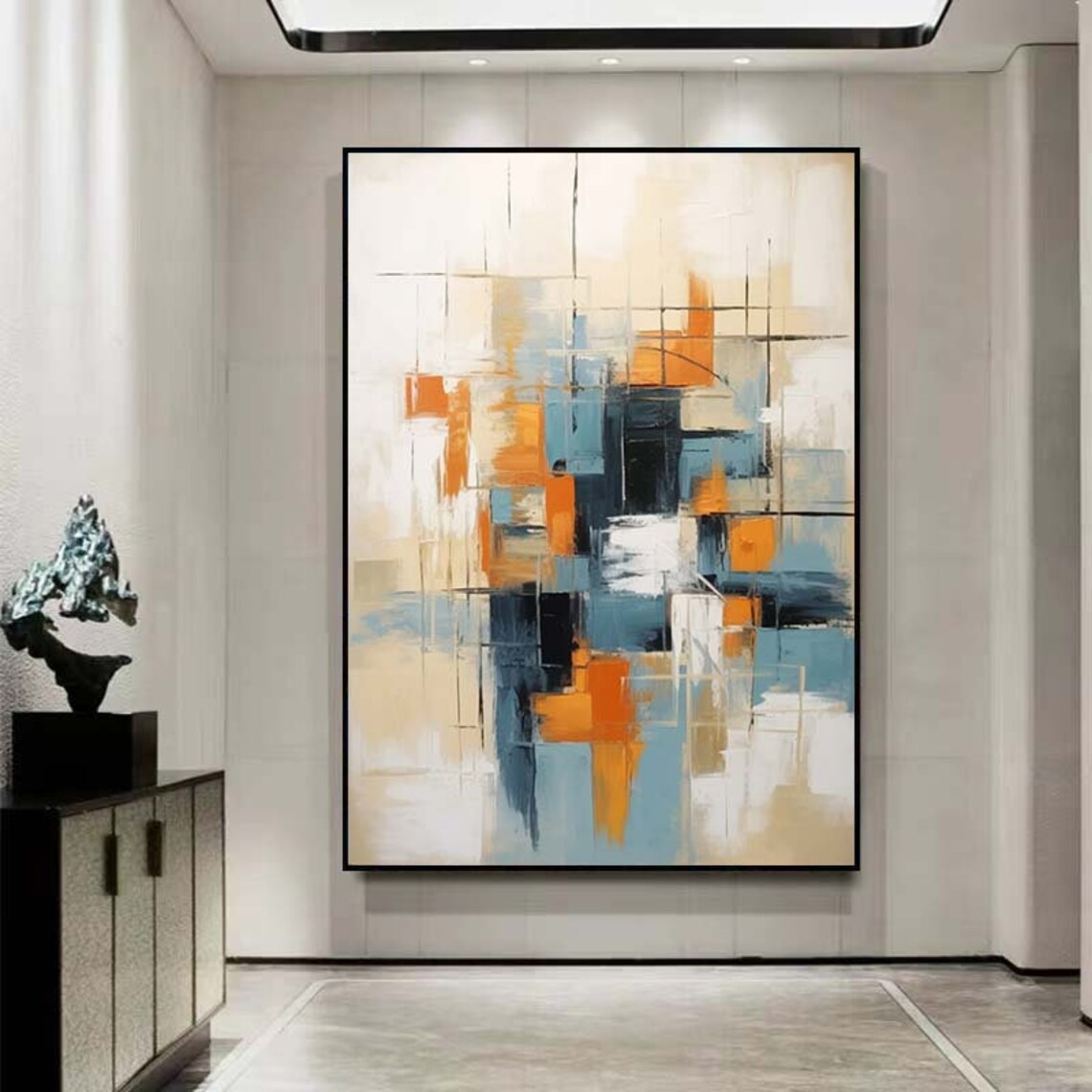 Geometric Orange Blue Grid Lines Abstract Modern Painting Poster - Image 2