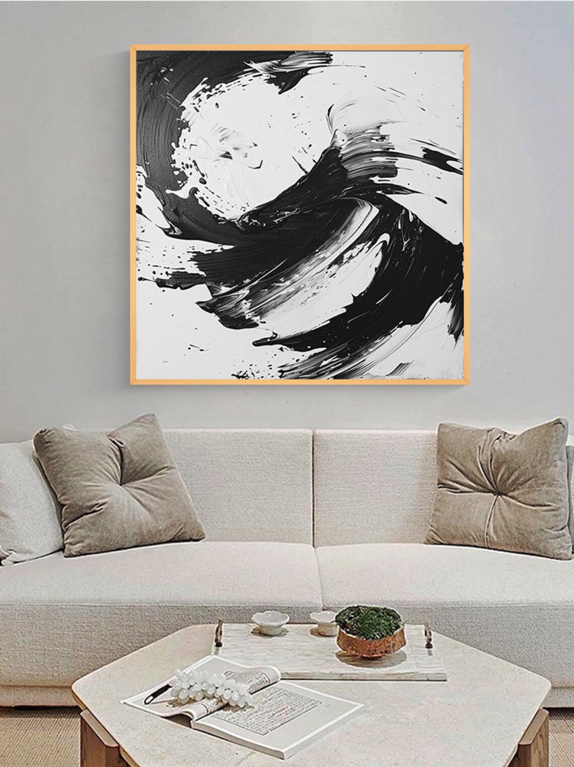 Black and White Monochrome Swirl Brushstroke Abstract Poster - Image 2
