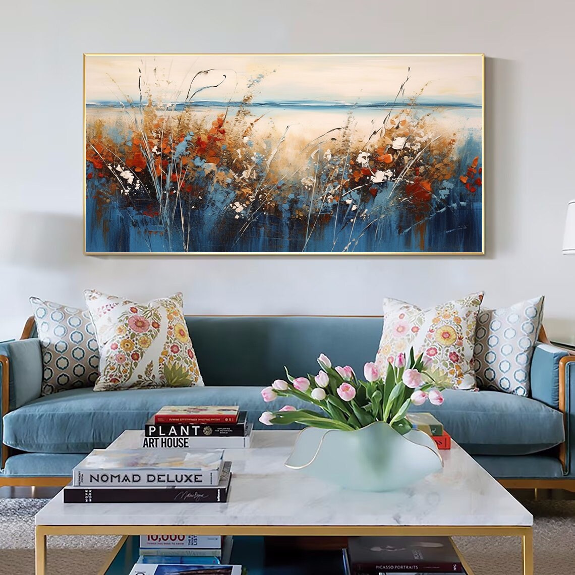 Abstract Blue Red Wildflower Field by the Water Painting Poster - Image 3