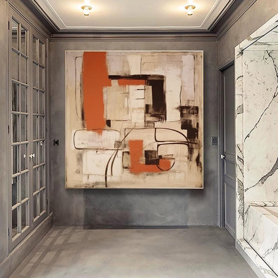 Tan Burnt Orange Geometric Line Abstract Modern Painting Poster - Image 2