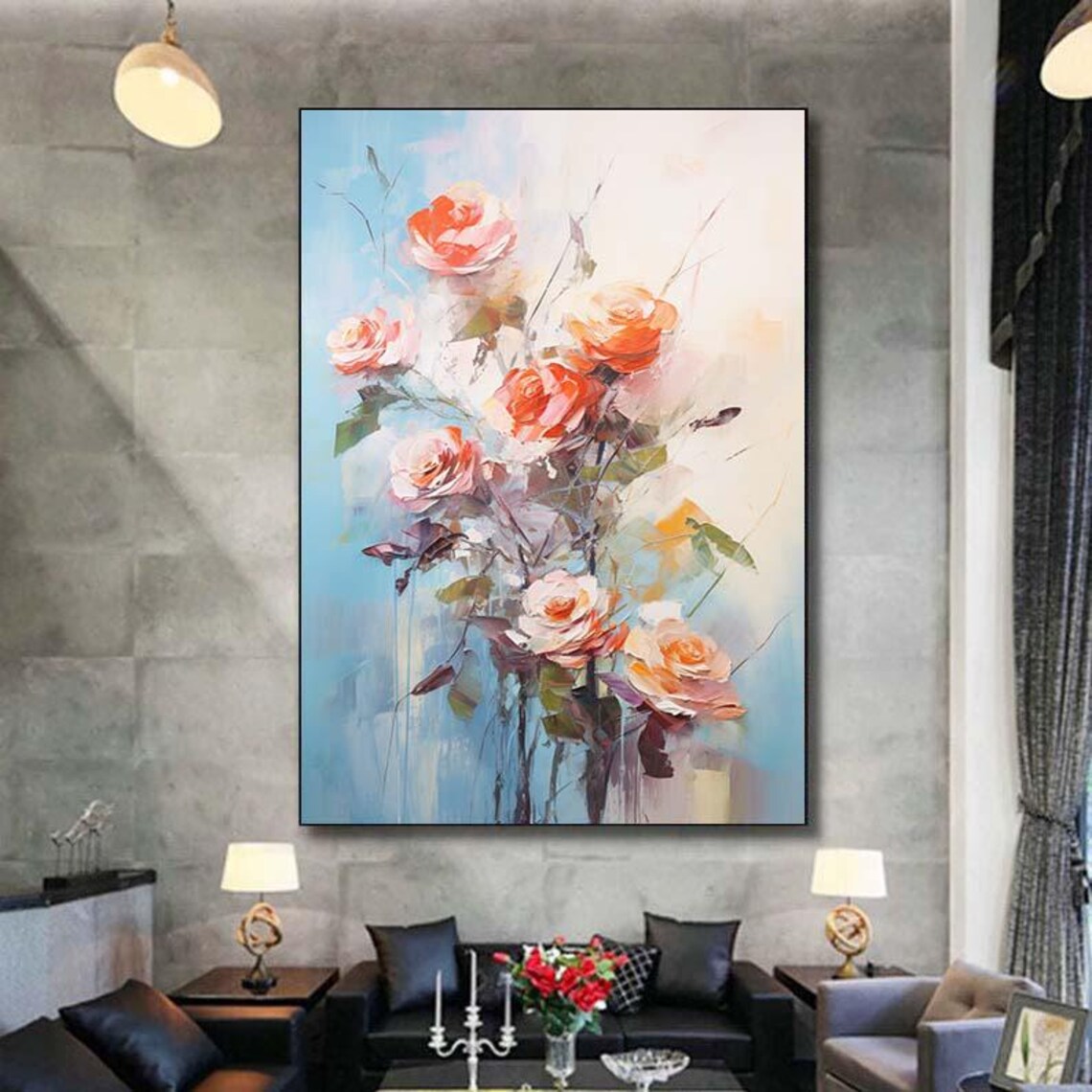 Coral Pink Roses Soft Blue Floral Impasto Painting Wall Poster - Image 6