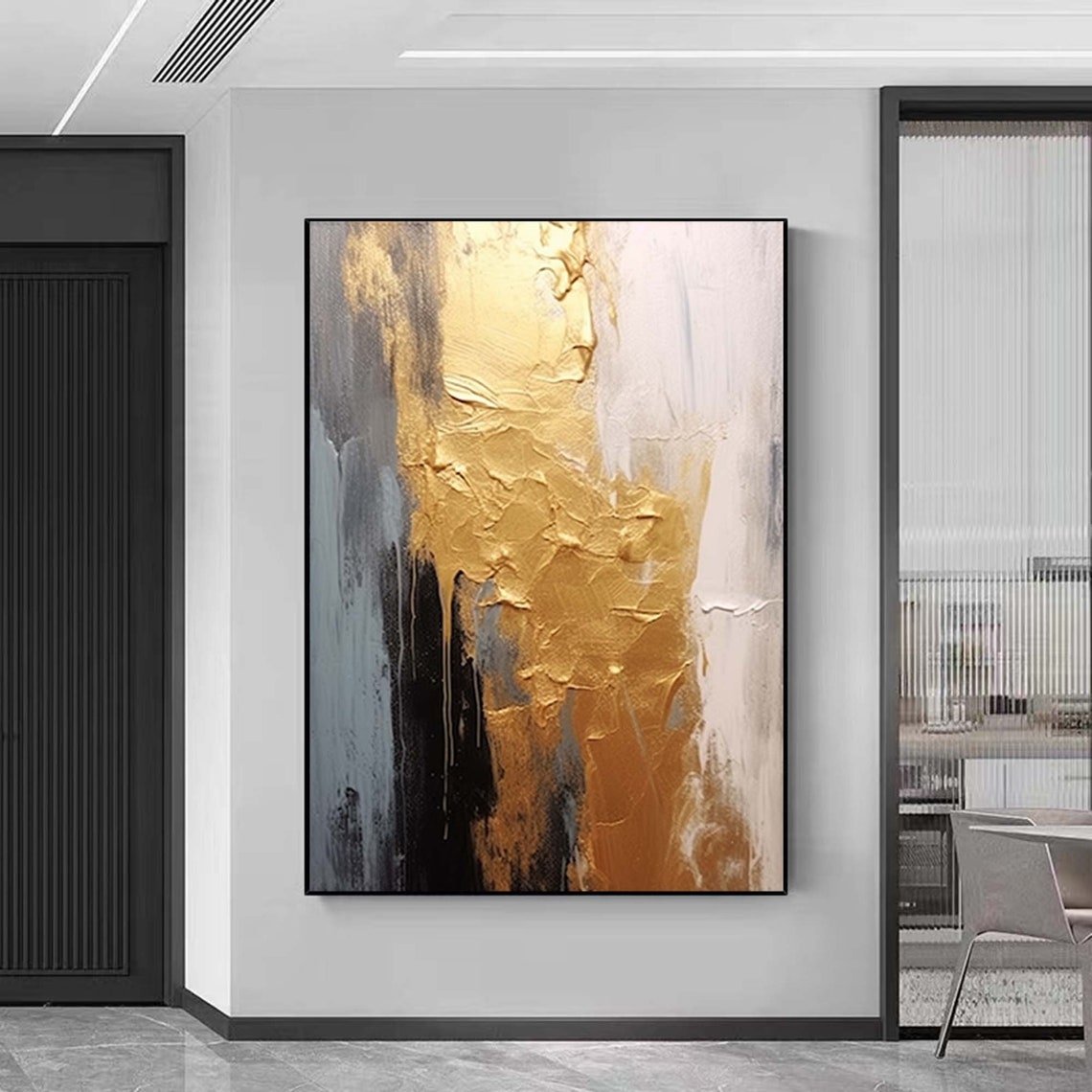 Gold Leaf Black White Textured Tall Abstract Luxury Flow Poster - Image 2