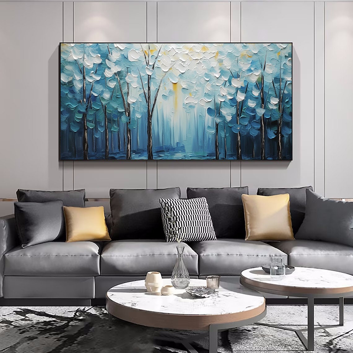 Serene Blue Forest Of Impasto Trees With Pale Treetops Poster - Image 4